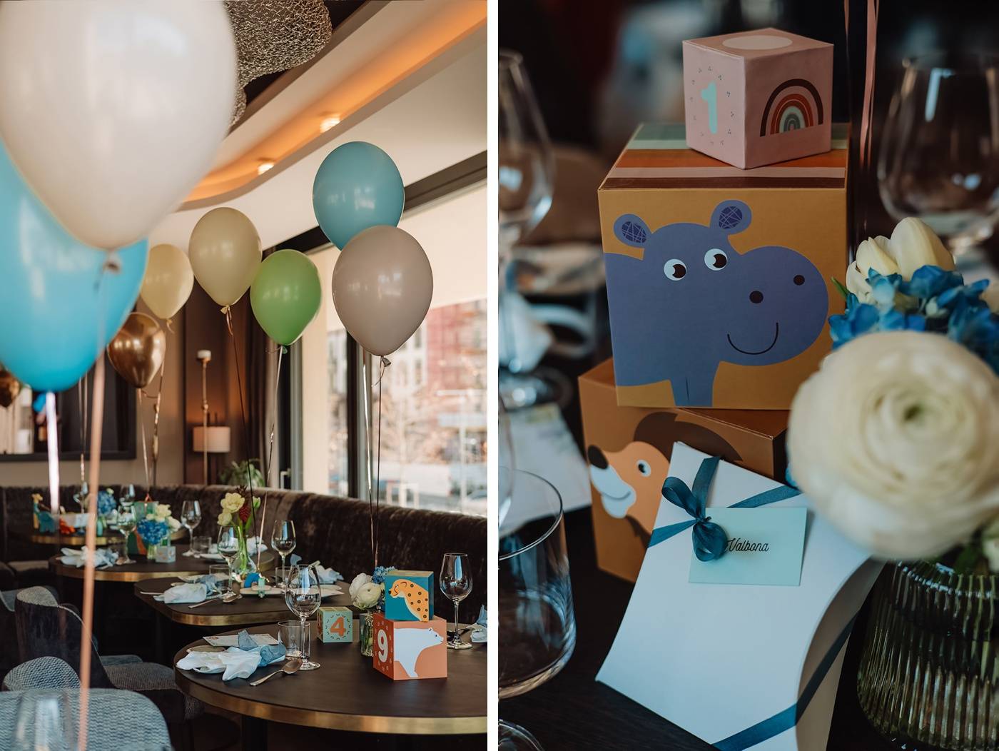 Wooden animal toys as centerpieces for a baby shower
