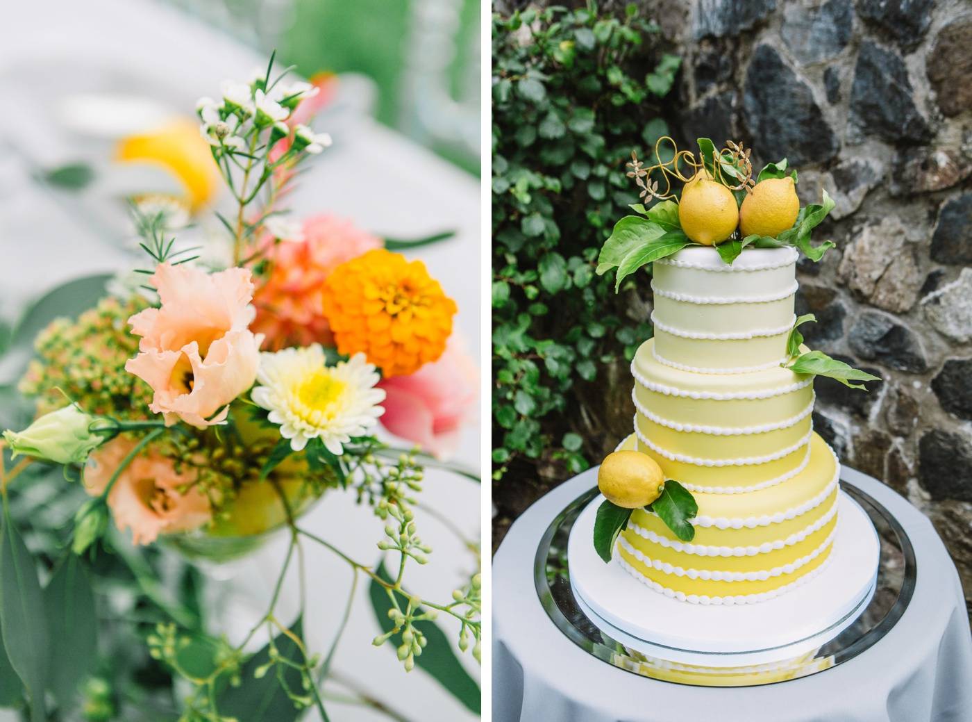 Gâteau à trois étages avec un glaçage dégradé jaune et surmonté de citron frais pour une fête d'anniversaire de mariage