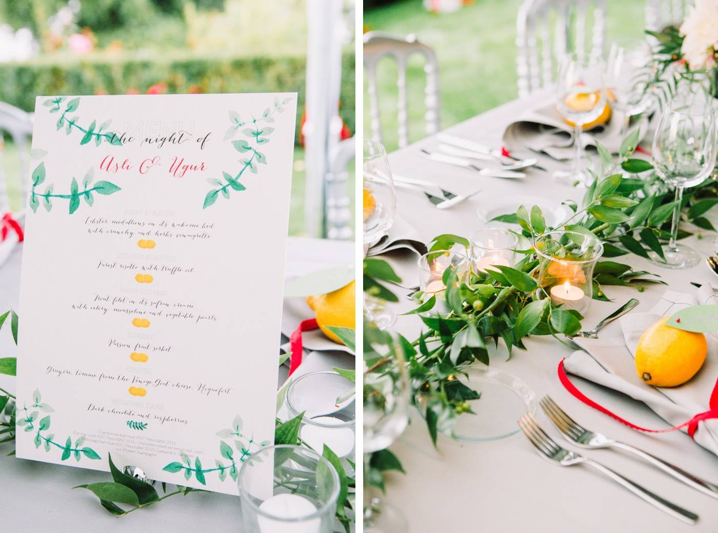 Fresh lemons with leaf-shaped escort cards on top