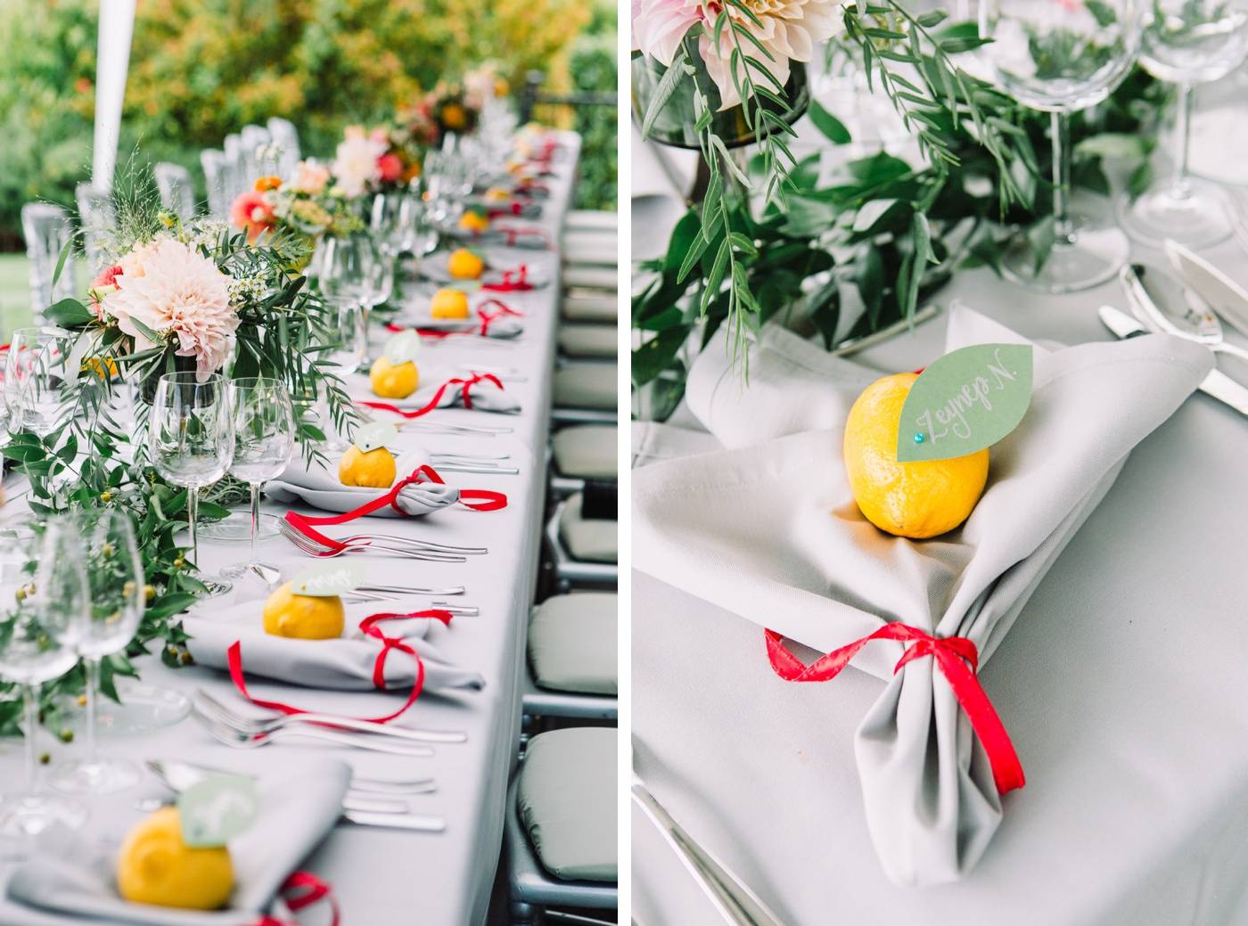 Fresh lemons with leaf-shaped escort cards on top