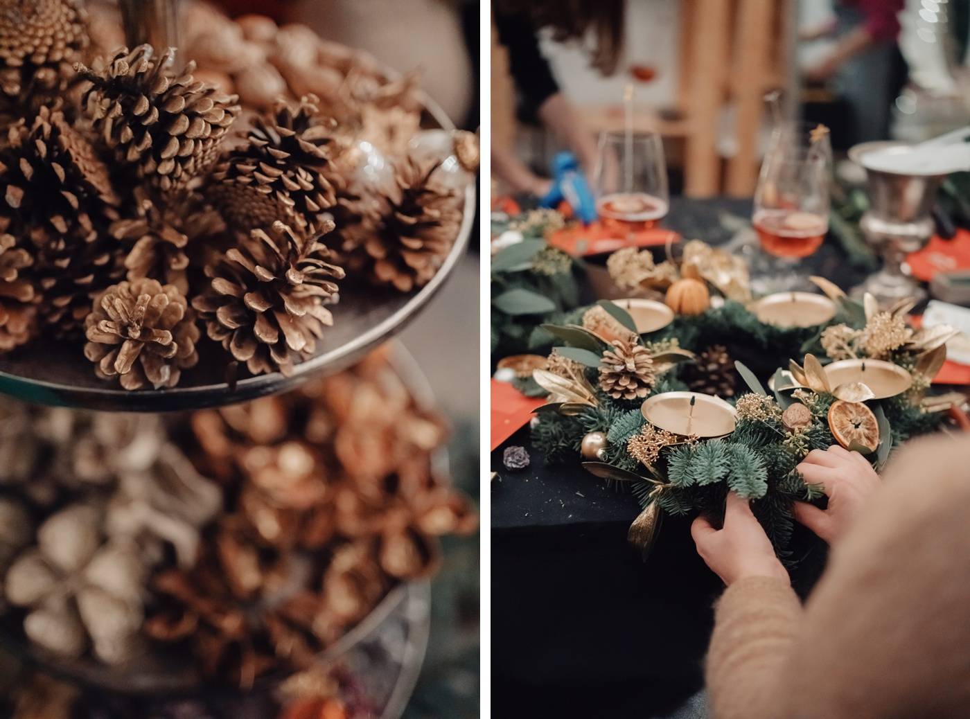 Couronne de pin avec oranges séchées et cloches d'or confectionnée lors d'un atelier de couronnes de Noël