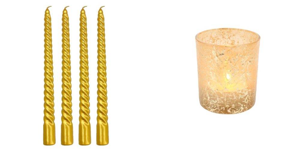 Gold taper candles and tea lights for a Christmas centerpiece