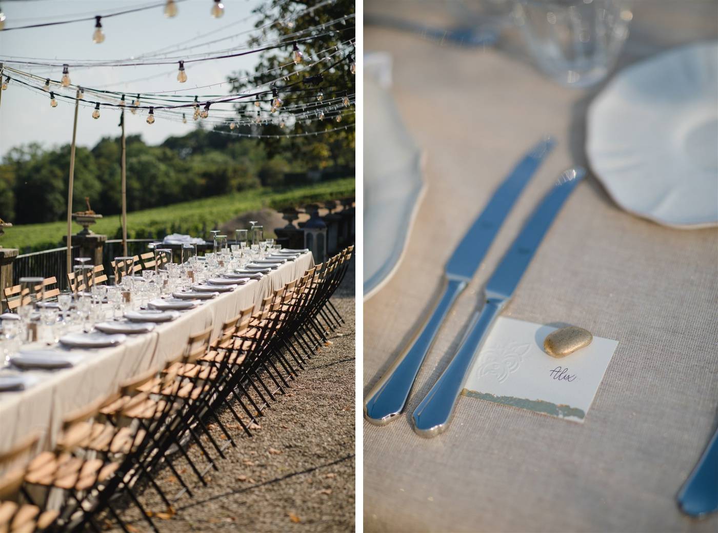 Une longue table drapée de nappes en lin naturel et des guirlandes ginguette pour une fête d'anniversaire