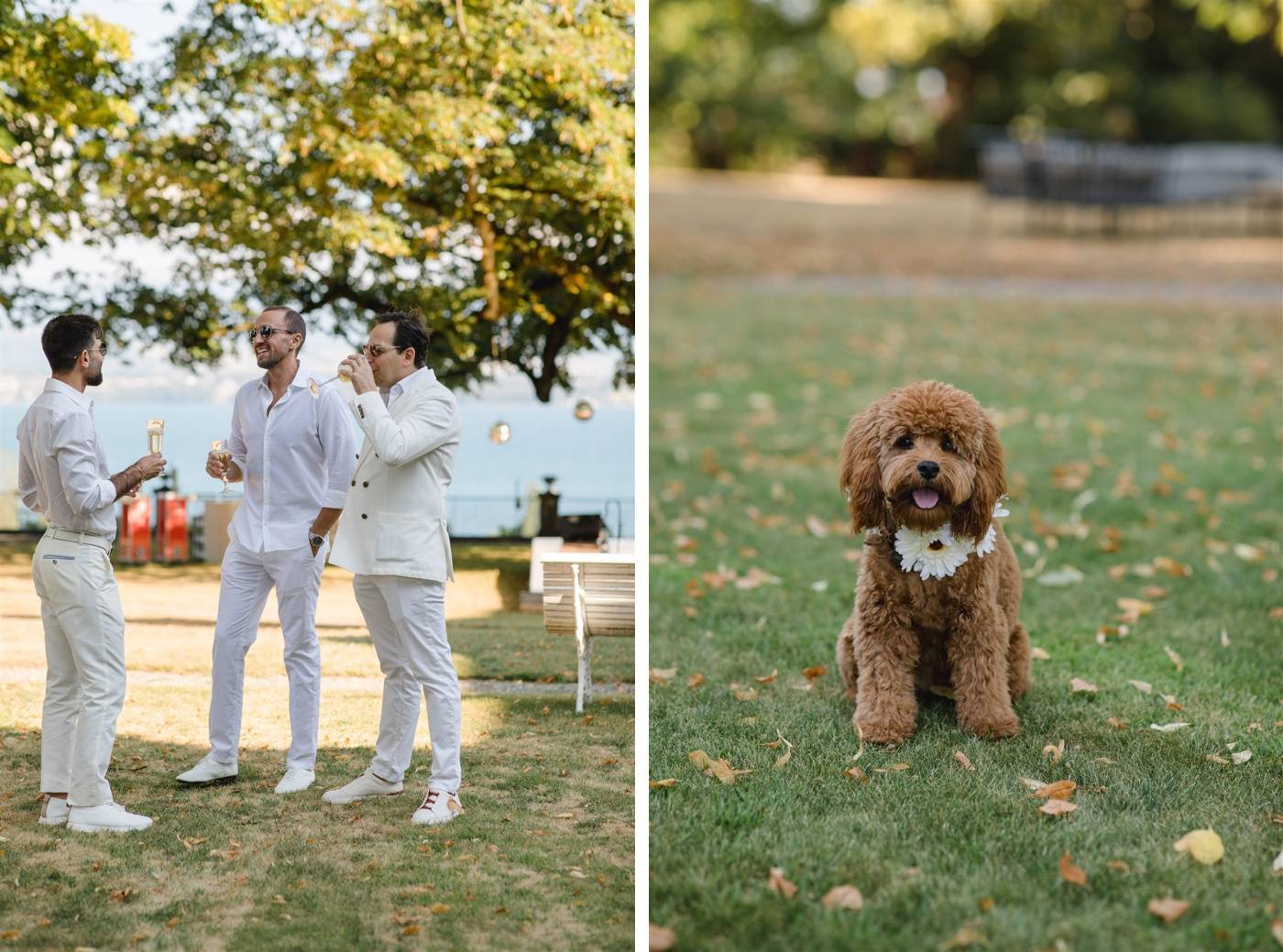 Guests wearing all white outfits for a birthday party at a private estate