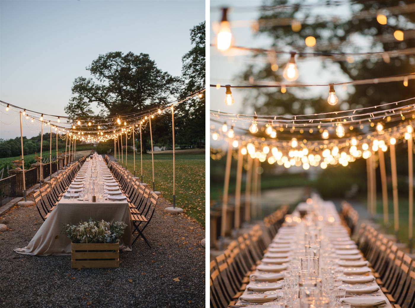 A long table with a natural linen tablecloth and cafe lights for a birthday party