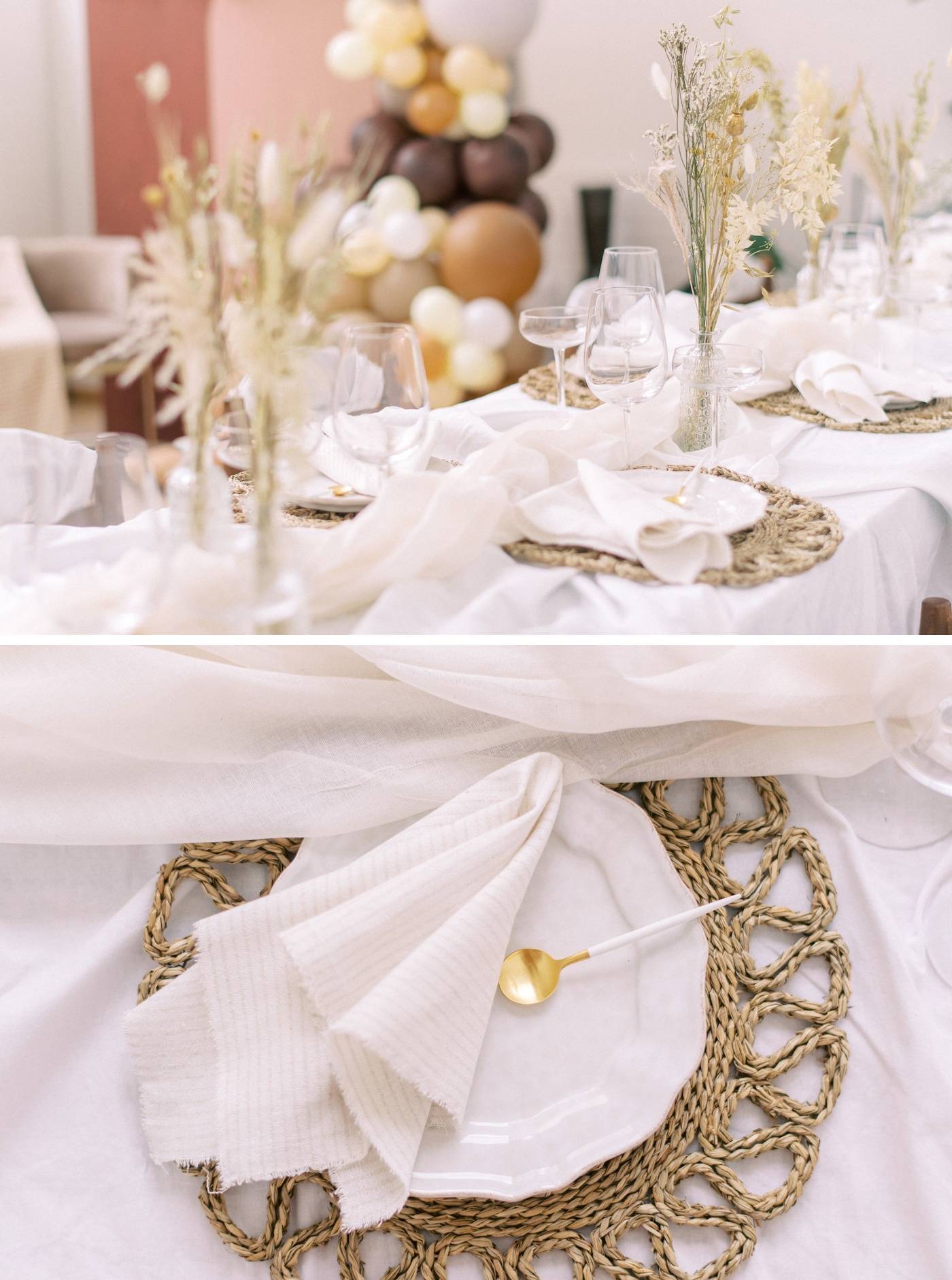 Décoration de table d'une Baby Shower avec des nappes en lin blanc et des sets de table tressés